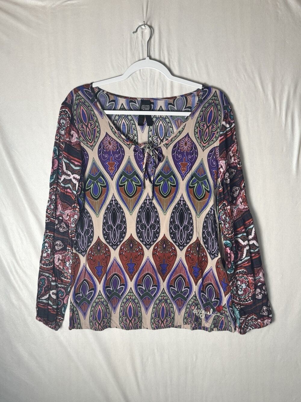 Desigual Womens Indie Eclectic Artsy Long Sleeve Boho Top Sz Large Tie V-Neck